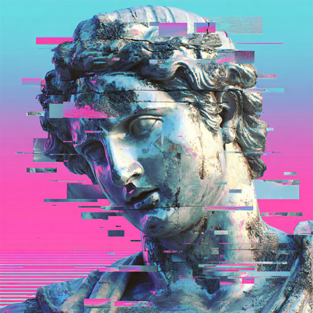 Digital collage of a statue of David in a surreal style.の素材
