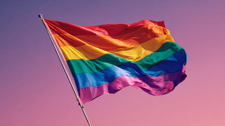 Rainbow flag waving in the wind on a blue sky background.の素材