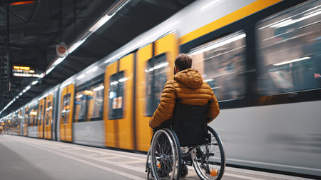 Young man in a wheelchair waiting for a train at the station.の素材