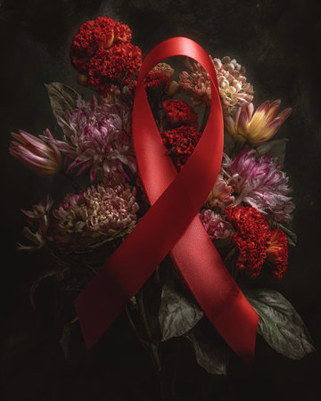 Red ribbon and flowers on black background. World Aids Day concept.の素材
