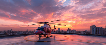 Helicopter flying over the city at sunset. 3d renderingの素材