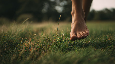Close up of female barefoot walking on green grass at sunset.の素材