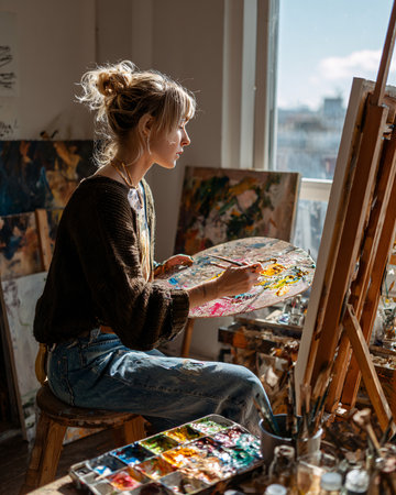 Portrait of a young woman artist sitting on a chair and painting on canvasの素材