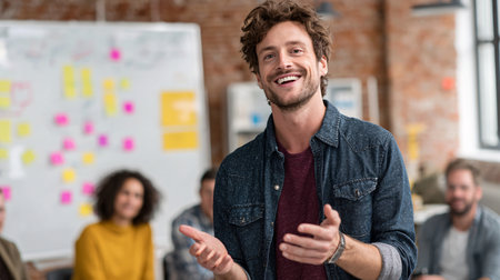 Portrait of smiling young man in casual clothes standing in creative officeの素材