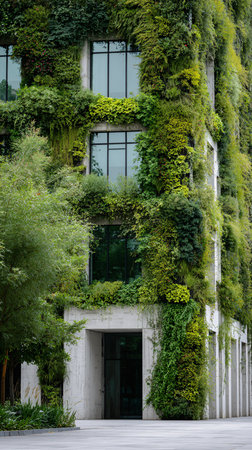 Green ivy on the facade of a modern building in Vienna, Austriaの素材