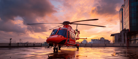 Helicopter in the water at sunset. Helicopter rescue service.の素材