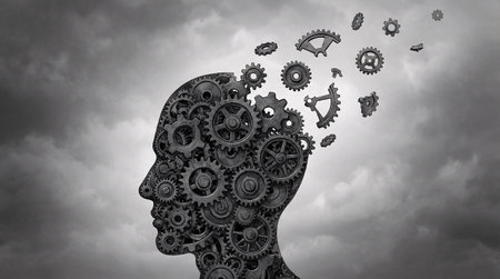 Human head made of gears and cogwheels against cloudy sky backgroundの素材