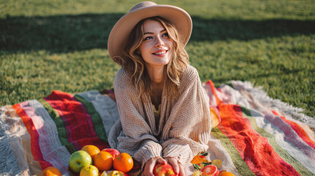 attractive young woman in hat and plaid sitting on blanket with fruits in parkの素材