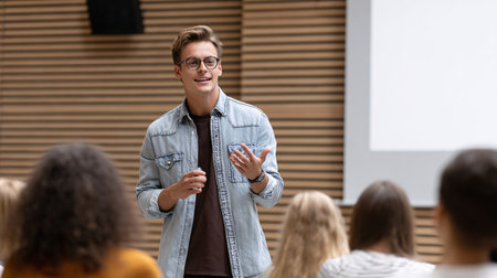 cheerful young man in eyeglasses speaking in conference hallの素材