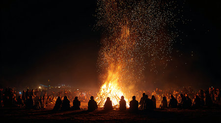 Silhouette of people sitting at the bonfire in the nightの素材