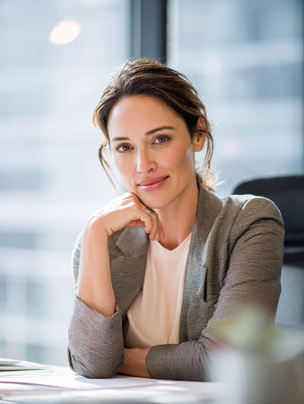 Portrait of a businesswoman sitting at her desk in an officeの素材