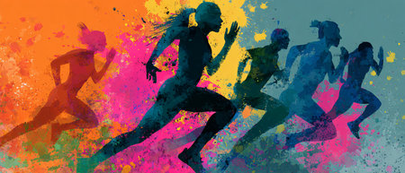 Running people silhouettes. Colorful vector background. Sport illustration.の素材