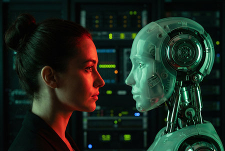 Portrait of beautiful young woman with artificial intelligence robot in server roomの素材