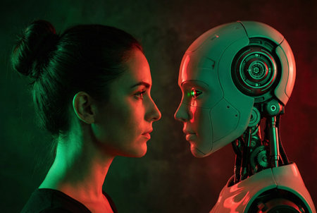 Young woman and robot looking at each other on dark green background. Concept of artificial intelligence.の素材