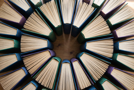 Stack of old books on wooden table. Top view. Education backgroundの素材