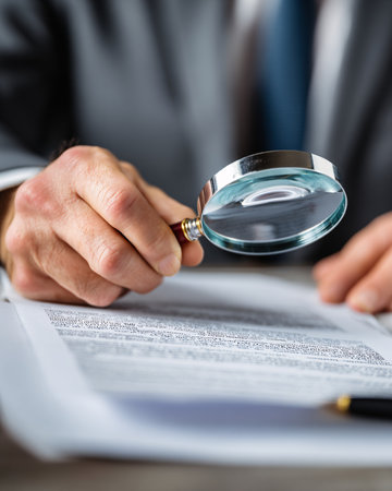 Close-up of a businessman holding a magnifying glass over a documentの素材