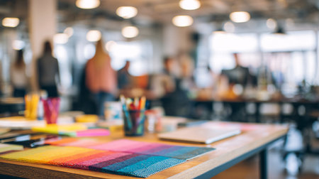 Blurred background of fashion designer working at her desk in her studioの素材
