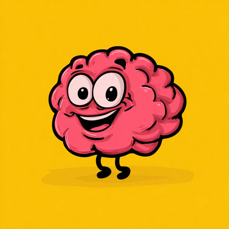 Vector cartoon funny pink brain character isolated on orange background. Mind and brain concept illustration.の素材