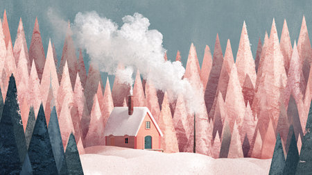 Winter landscape with a red house in the woods. Vintage style.の素材