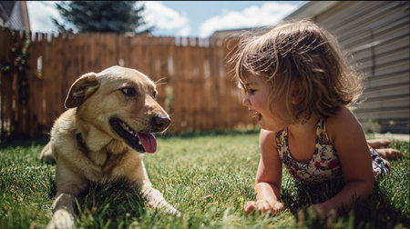 Little girl playing with her dog in the backyard. The child is sitting on the grass and hugging the dog.の素材