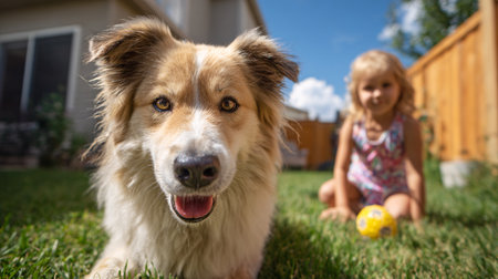 Portrait of a border collie dog with a little girl in the backgroundの素材