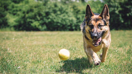 German shepherd dog running with a ball in the park on a sunny dayの素材