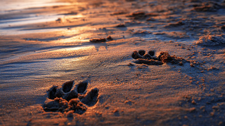 Footprints in the snow on the beach at sunset. Shallow depth of fieldの素材