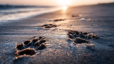 Footprints in the sand on the beach at sunset. Nature backgroundの素材