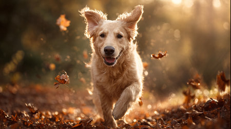 Golden Retriever dog running in the autumn park with fallen leavesの素材