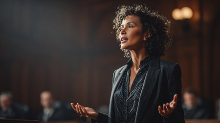 Serious woman with curly hair sitting at the table in a courtroomの素材