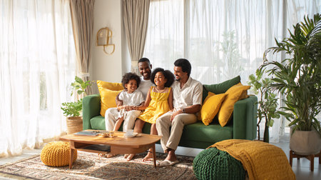 happy african american family sitting on sofa in living room at homeの素材