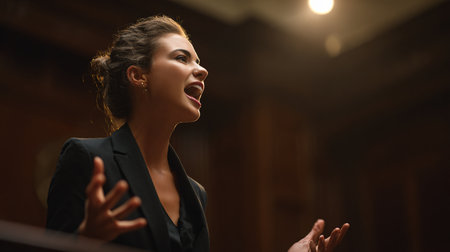 Portrait of a young business woman speaking in the conference hall.の素材