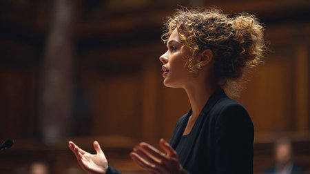 Side view of young woman with curly hair speaking at microphone in churchの素材