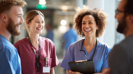 group of happy doctors or nurse with clipboard at hospital or medical clinicの素材