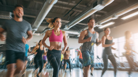 Group of people running together in a modern gym. Fitness and healthy lifestyle concept.の素材