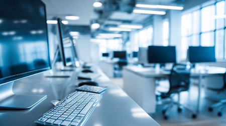 Modern office interior with computers and equipment. Blurred background. Toned.の素材