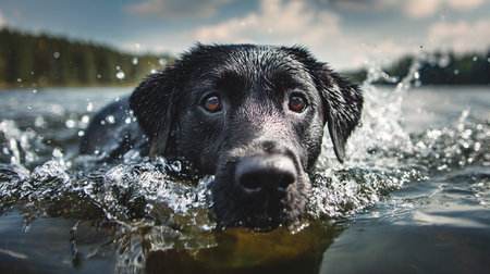 Portrait of a black labrador retriever swimming in the lakeの素材