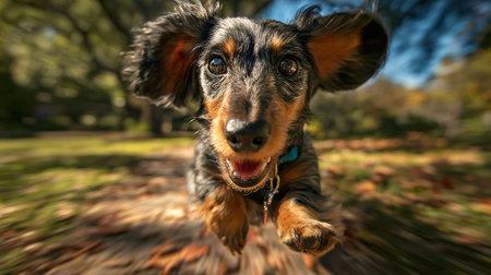 Portrait of cute dachshund puppy running in autumn parkの素材