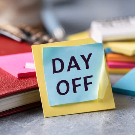Day Off text on sticky note with stack of books on grey backgroundの素材