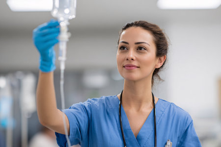 Portrait of a female doctor holding an oxygen mask in a hospitalの素材