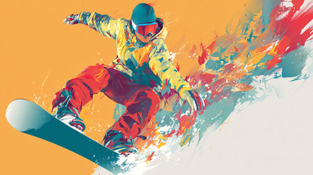 Snowboarder jumping on colorful background. Extreme sport. Vector illustration.の素材