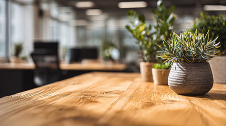 Interior of a modern office with wooden desk and plants in potsの素材
