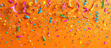 Colorful confetti and streamers on orange background. Festive party backgroundの素材