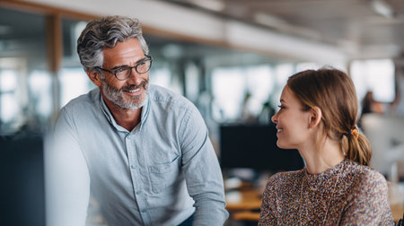 Portrait of smiling senior businessman looking at his female colleague in officeの素材