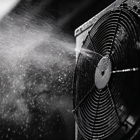 Black and white photo of air conditioner fan cooling down on black backgroundの素材