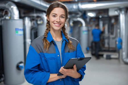 Portrait of smiling female technician using digital tablet in industrial factory.の素材