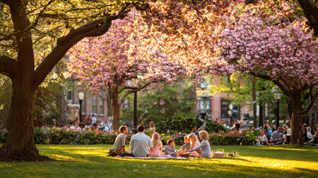 Cherry blossom season in Boston, Massachusetts, USA. People enjoying cherry blossom season.の素材