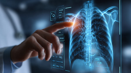 Doctor on blurred background using digital x-ray scan of lungs 3D renderingの素材