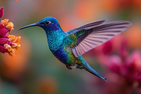 Ruby-throated Sunbird (Aethopyga rufescens) in flight, Ecuadorの素材