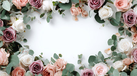Flowers composition. Frame made of eucalyptus, pink roses and green leaves on white background. Flat lay, top view, copy spaceの素材